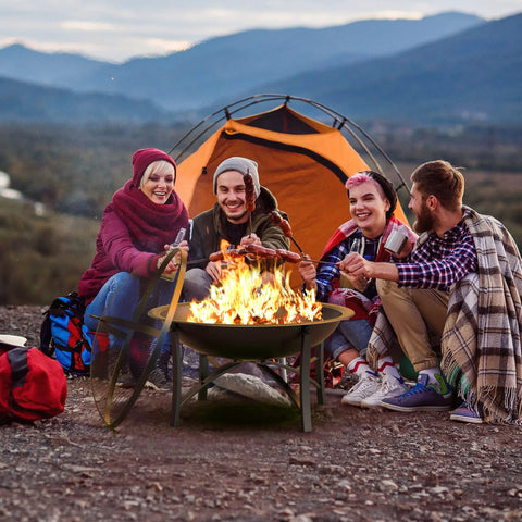 Group enjoying Outdoor Wood Burning Fire Pit With Cooking Grate Spark Screen Cover Log Grate And Poker For Camping Beach Bonfires