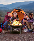 Outdoor Wood Burning Fire Pit For Backyard Camping Steel Fire Bowl With Spark Screen Cover Log Grate And Poker in a campsite scene.