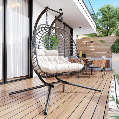 Ultra Cozy Double Hanging Egg Chair With Stand For Patio And Garden Deluxe Hammock Swing Chair With Cushions Loveseat Style Beige