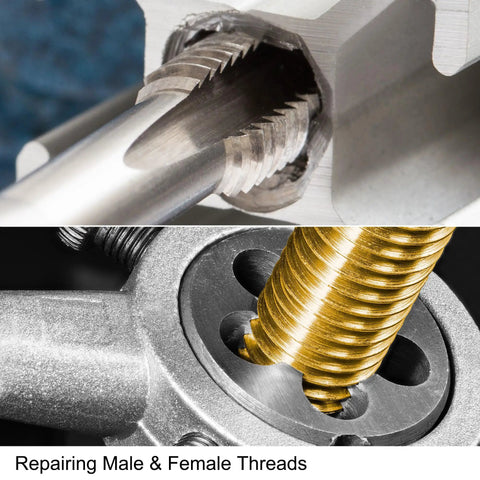 Close-up of 5/16-24 UNF Tap And Die Set HSS Right Hand For Quick Thread Repair on metal surfaces