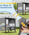 3 Seat Porch Swing Bed With Stand And Adjustable Canopy for Outdoor Use, shown converting from chair to lounge bed