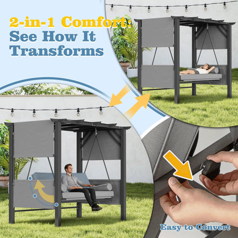 3 Seat Porch Swing Bed With Stand And Adjustable Canopy for Outdoor Use, shown converting from chair to lounge bed