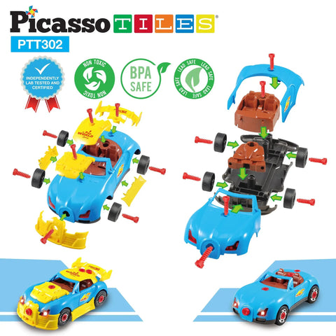 Take Apart Race Car Build Kit With LED Lights And Realistic Engine Sound Includes Mini Electric Drill And Screws shown assembled and disassembled