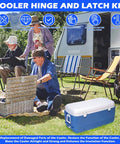 Camping scene with a blue cooler featuring the Beefy Cooler Hinge And Latch Kit With Screws, Heavy Duty Ice Chest Replacement Parts.