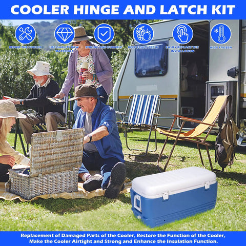 Camping scene with a blue cooler featuring the Beefy Cooler Hinge And Latch Kit With Screws, Heavy Duty Ice Chest Replacement Parts.