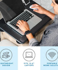 Person using Home Office Pro Lap Desk With Wrist Rest, Mouse Pad, And Phone Holder In Black Carbon Finish for 15.6 inch laptops.