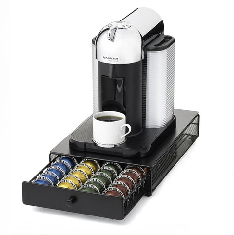 Vertuoline Rolling Coffee Pod Drawer Satin Black, 40 Pod Holder under coffee maker with pods and cup displayed, compact storage.