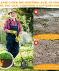 Man holding lawn aerator tool with 16 spikes and spring base, showing soil conditions for usage.