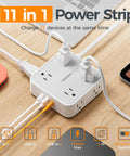 Surge Protector Power Strip With Eight Outlets And USB C Plus USB A Ports 5 Ft Flat Plug Extension Cord 1250W 900J Protection 3 Sided Outlet Extender With Power Switch Great For Office Or Dorm Rooms on desk with devices plugged in.
