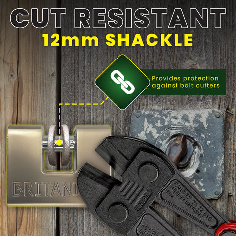 Image of Armored High Security Padlock With Anti Drill Cylinder And Heavy Duty Steel Casing For Storage Units Motorbikes Sheds And Garages 0.67 Inch Shackle Clearance Durable Weatherproof Silver, demonstrating cut resistance against bolt cutters.