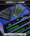 Magnetic Wrench Organizer Set Two Piece With 32 Slot Drawer Storage For SAE One Quarter To One And One Sixteenth Inch And Metric Six To Twenty Four Millimeters Green And Black displayed in tool chest with organized wrenches