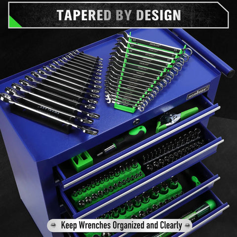 Magnetic Wrench Organizer Set Two Piece With 32 Slot Drawer Storage For SAE One Quarter To One And One Sixteenth Inch And Metric Six To Twenty Four Millimeters Green And Black displayed in tool chest with organized wrenches