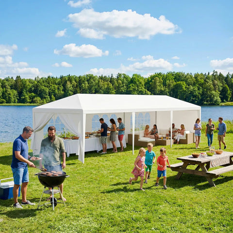 Heavy Duty Outdoor Party Tent 10x30 Gazebo With Removable Sidewalls Waterproof Shade Shelter For Backyard Garden And Patio Ideal For Weddings Camping And Events Durable Steel Frame with BBQ by lake