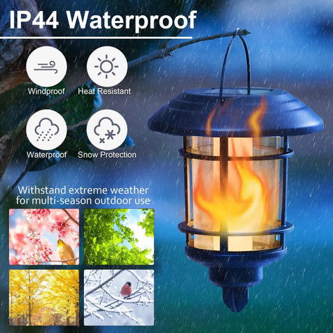 4 Pack Solar Powered Flame Wall Lanterns Outdoor Waterproof Sconce Lights with flickering flame design in rain.