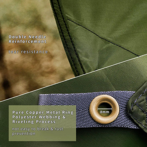 Hexagon Hammock Rain Fly Waterproof Camping Tarp with copper eyelet and reinforced edges for tear resistance and durability.