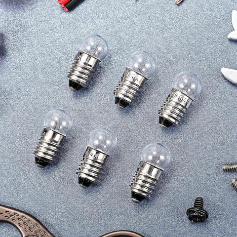 20 Pack Real Deal E10 Miniature Screw Light Bulbs 2.5V 0.3A Tiny Replacement Warm Glow for Toy Cars and Circuit Models Rock Solid E10 Socket Mini Bulb Haul with visible glass and metal designs.