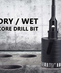 Close-up of dry/wet diamond core drill bit with SDS Plus adapter, 25mm (1 inch) diameter for concrete and stone.