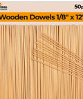 Solid Beechwood Dowel Rods One Eighth Inch By Twelve Inches Long Smooth As Silk Bulk Pack Of Fifty Sticks arranged neatly.