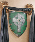 Celtic Cross Warriors Shield Wall Decor Sculpture Medieval Style Replica 18 Inch Mounted Shield hanging on wall with lion heads