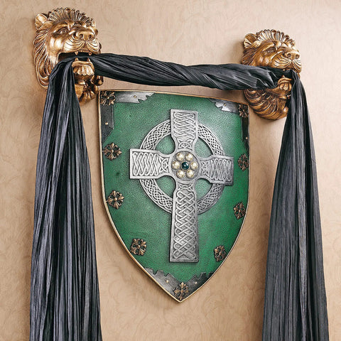 Celtic Cross Warriors Shield Wall Decor Sculpture Medieval Style Replica 18 Inch Mounted Shield hanging on wall with lion heads