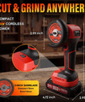 Power Through Demanding Jobs With This Heavy Duty 3 Inch Cordless Angle Grinder Featuring A Badass 21V Battery Setup And Slick Lcd Display For Hassle Free Cutting showing the cordless design and dimensions.