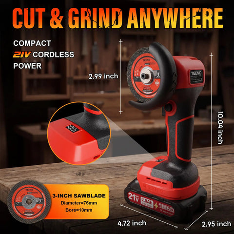 Power Through Demanding Jobs With This Heavy Duty 3 Inch Cordless Angle Grinder Featuring A Badass 21V Battery Setup And Slick Lcd Display For Hassle Free Cutting showing the cordless design and dimensions.