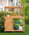 Large Outdoor Potting Bench With Storage Cabinet And Shelf Planting Console For Patio Lawn Garden Pro Grade Fir Wood Workstation Built To Last Durable Finish And Easy Assembly featuring fir wood construction, gardening tools, and potted plants