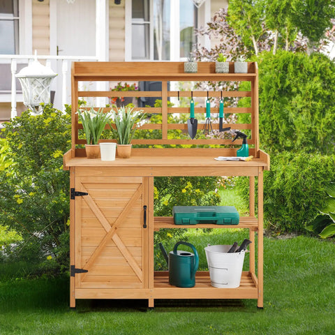 Large Outdoor Potting Bench With Storage Cabinet And Shelf Planting Console For Patio Lawn Garden Pro Grade Fir Wood Workstation Built To Last Durable Finish And Easy Assembly featuring fir wood construction, gardening tools, and potted plants