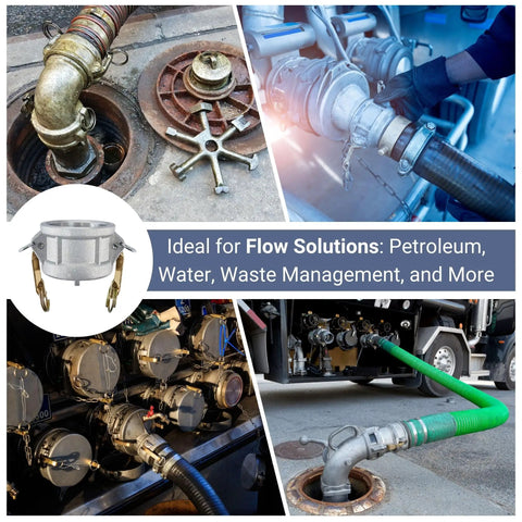 2 Pack 2 Inch Lightweight Cam Lock Fittings Type DC With Brass Handles for water and oil flow, shown in various installation scenarios.