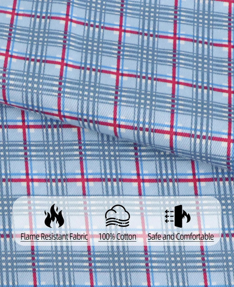 Men's Flame Resistant Plaid Shirt 6.5 Oz Lightweight FR Treated Blue And Red Check fabric close-up with safety icons.