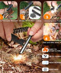 Using Survival Fire Starter Kit With 4 Inch Ferro Rod For Hiking And Camping, igniting fire outdoors using ferro rod and striker.