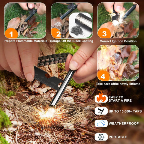Using Survival Fire Starter Kit With 4 Inch Ferro Rod For Hiking And Camping, igniting fire outdoors using ferro rod and striker.