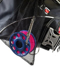 Heavy Duty Mesh Snorkel And Dive Gear Bag With Clip Side Lock For Easy Access, attached to diving equipment, black