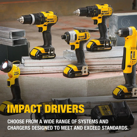 Multiple impact drivers displayed with chargers and batteries on a workbench.
