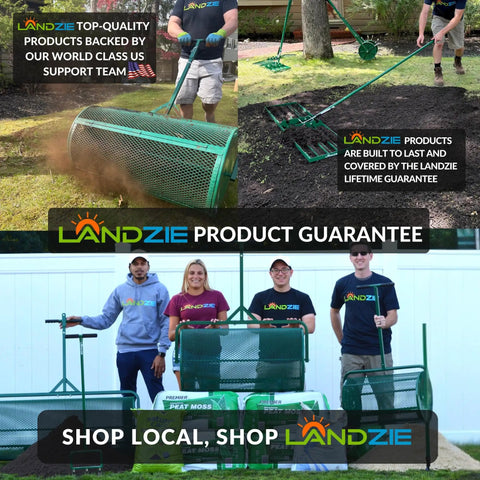 Group holding Stand Up Weeder Tool With 55 Inch Steel Long Handle and green gardening tools with company branding.