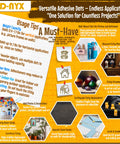 D-NYX versatile adhesive dots infographic with usage tips and applications for crafts, photos, and decorations.