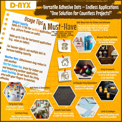D-NYX versatile adhesive dots infographic with usage tips and applications for crafts, photos, and decorations.