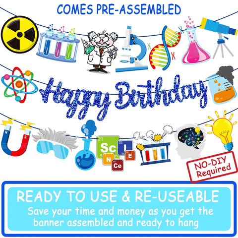 Blue Science Birthday Party Banner Set With Chemistry Lab Elements Garlands Featuring Test Tubes DNA Strands Microscope And Periodic Table Decor For Science Theme Party And Baby Shower That Kids Will Dig displayed with various science-themed icons and symbols.