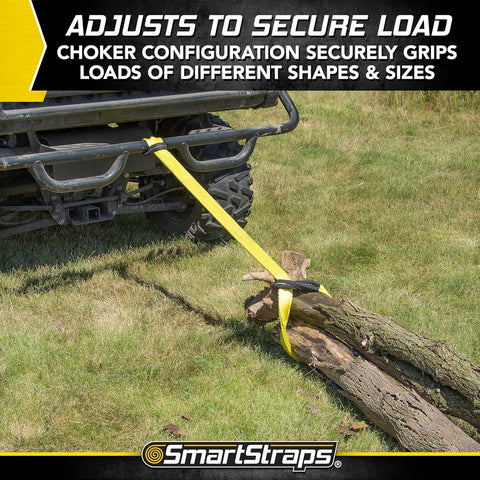 Beefy 2x6 Nylon Webbing Sling 6,400 Lb Vertical Lifting Capacity securing logs with ATV, shown in bright yellow
