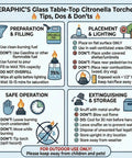 Instruction guide for using Seraphic's glass table-top citronella torches safely outdoors, including setup and storage tips.