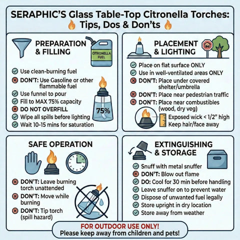 Instruction guide for using Seraphic's glass table-top citronella torches safely outdoors, including setup and storage tips.