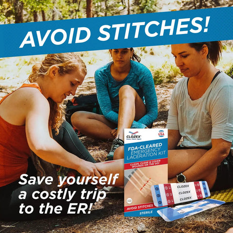 Emergency Laceration Kit For Quick Wound Closure Without Stitches, FSA HSA Eligible, Includes Two Sterile Closures One Inch And One And A Half Inch, Gauze Pads, Alcohol Pads, And Cover Bandages For Two Wounds Or Combined For Up To Two And A Half Inch