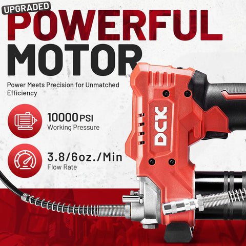 Close-up of Cordless 20V Max Electric Grease Gun Kit With Dual 4Ah Batteries 10000 PSI Power, showing hose and nozzle.