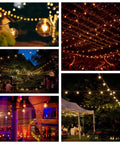 Collage of 100 Foot Outdoor String Lights With 105 G50 Clear 2 Inch Bulbs On Black Wire Includes 5 Extra Bulbs, illuminating night gatherings.