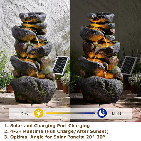 5 Tier Rock Solar Water Fountain Outdoor Garden With LED Lights 36 Inch Tall Cascading Water Feature for patio use