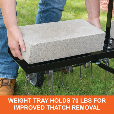 Tow Behind Lawn Dethatcher 48 Inch Wide With 24 Durable Spring Steel Tines For Thatch Removal, weight tray with brick