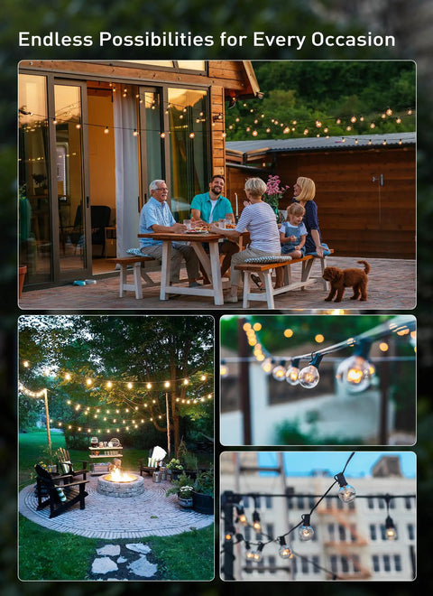 Old School Edison G40 Replacement Light Bulbs 5W Clear Globe 1.5 Inch Dimmable Bulbs on patio with people dining outdoors.