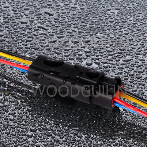 4-Pin DT Waterproof Automotive Electrical Connector Kit 4P black with 16 AWG wire, wet surface with raindrops