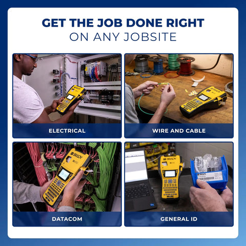 Top Shelf Handheld Portable Label Printer Kit Built For Daily Hustle in use on various jobsites including electrical and datacom tasks.