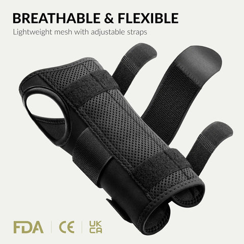 Carpal Tunnel Wrist Brace For Women And Men With Metal Wrist Splint For Hand Support And Pain Relief From Arthritis Tendonitis And Sprains Ideal For Typing And Gaming Right Hand Available In Small Medium And Large Extra Large, black mesh and velcro design shows side view with adjustable straps.